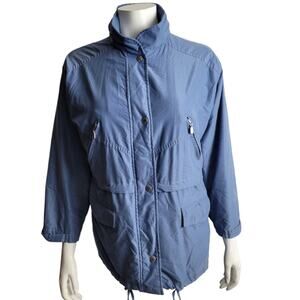 Vintage London Fog Lightweight Windbreaker Jacket Blue Hooded Zip Snap Coat